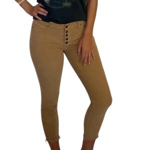 Free people size 25 waist corduroy tan / camel pants cropped raw hem button fly.